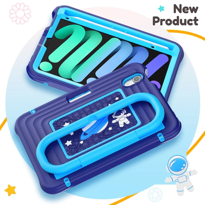Coque de Tablette pour Enfants pour iPad mini (2024) / (2021) avec Revêtement en Silicone et PC, Support Réglable et Sangle d'Épaule - Bleu Marine