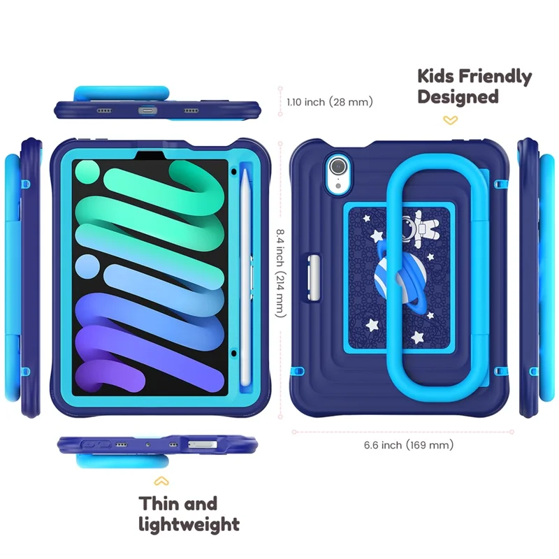 Coque de Tablette pour Enfants pour iPad mini (2024) / (2021) avec Revêtement en Silicone et PC, Support Réglable et Sangle d'Épaule - Bleu Marine