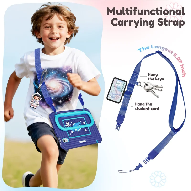 Coque de Tablette pour Enfants pour iPad mini (2024) / (2021) avec Revêtement en Silicone et PC, Support Réglable et Sangle d'Épaule - Bleu Marine