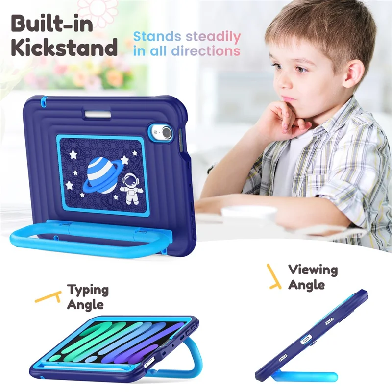 Coque de Tablette pour Enfants pour iPad mini (2024) / (2021) avec Revêtement en Silicone et PC, Support Réglable et Sangle d'Épaule - Bleu Marine