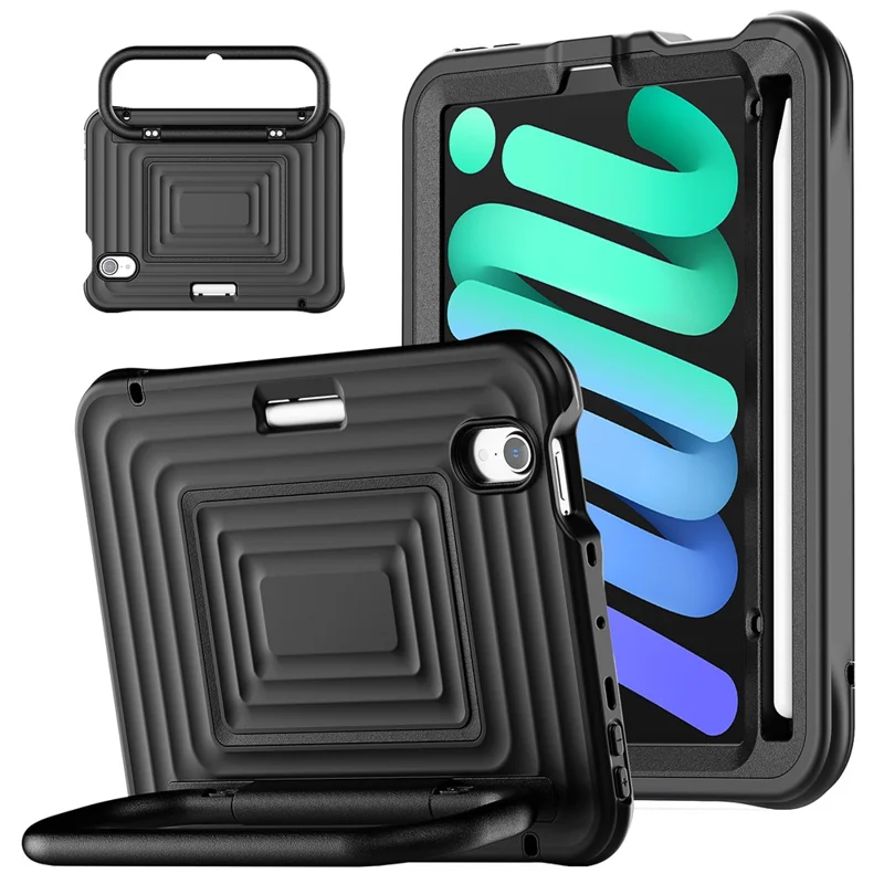 Tablet Case for iPad mini (2024)  /  (2021) Wavy Texture Silicone PC Cover with Kickstand   /   Shoulder Strap - Black