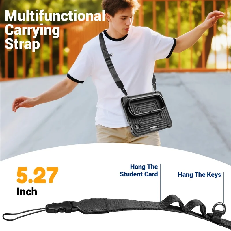 Tablet Case for iPad mini (2024)  /  (2021) Wavy Texture Silicone PC Cover with Kickstand   /   Shoulder Strap - Black