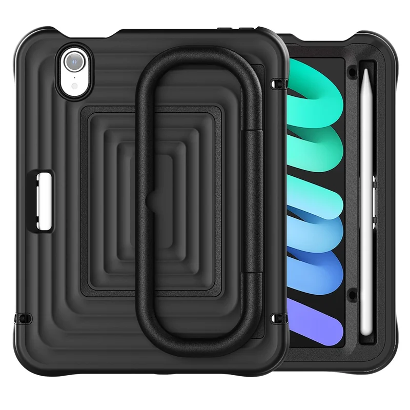 Tablet Case for iPad mini (2024)  /  (2021) Wavy Texture Silicone PC Cover with Kickstand   /   Shoulder Strap - Black