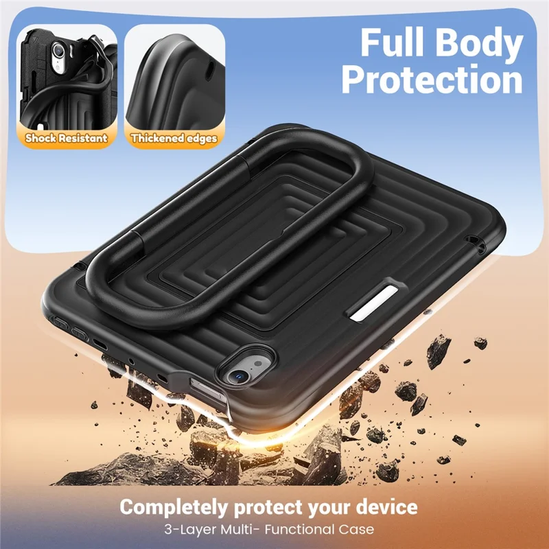 Tablet Case for iPad mini (2024)  /  (2021) Wavy Texture Silicone PC Cover with Kickstand   /   Shoulder Strap - Black