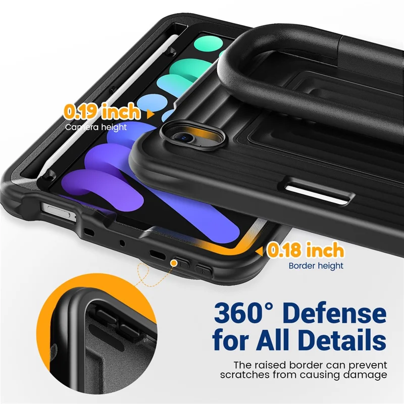 Tablet Case for iPad mini (2024)  /  (2021) Wavy Texture Silicone PC Cover with Kickstand   /   Shoulder Strap - Black