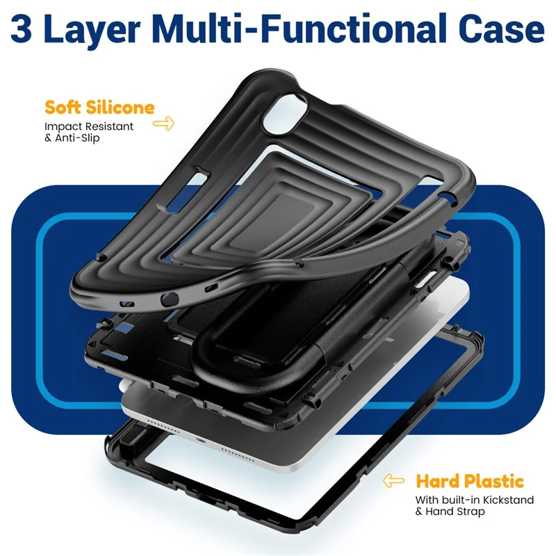 Tablet Case for iPad mini (2024)  /  (2021) Wavy Texture Silicone PC Cover with Kickstand   /   Shoulder Strap - Black