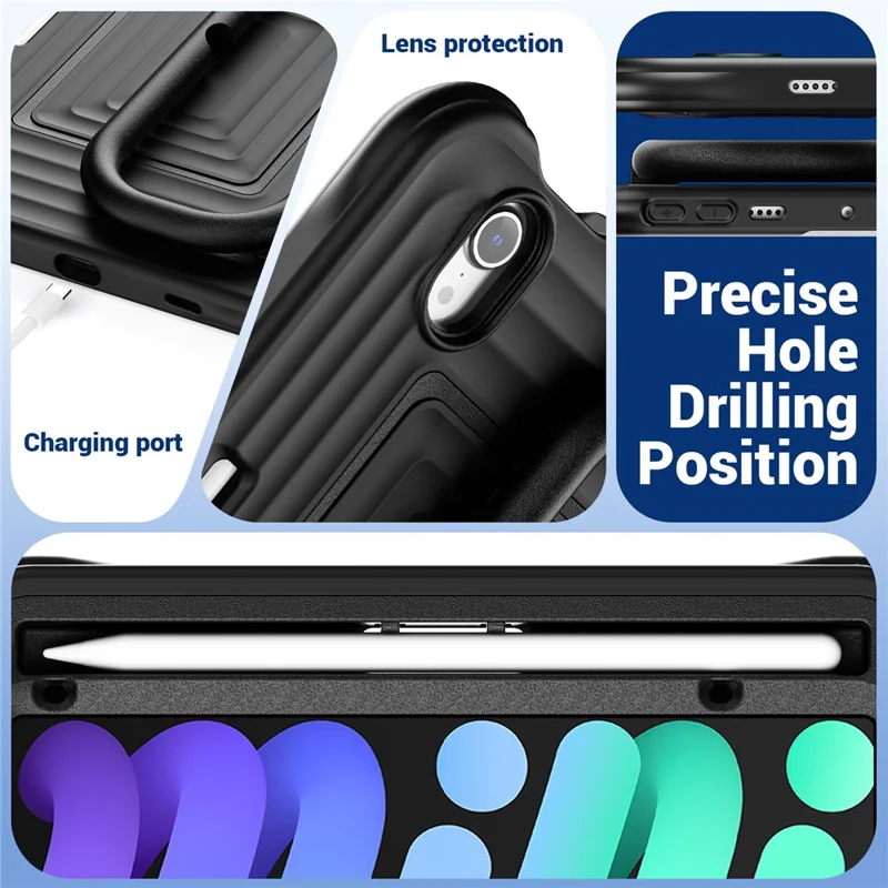 Tablet Case for iPad mini (2024)  /  (2021) Wavy Texture Silicone PC Cover with Kickstand   /   Shoulder Strap - Black