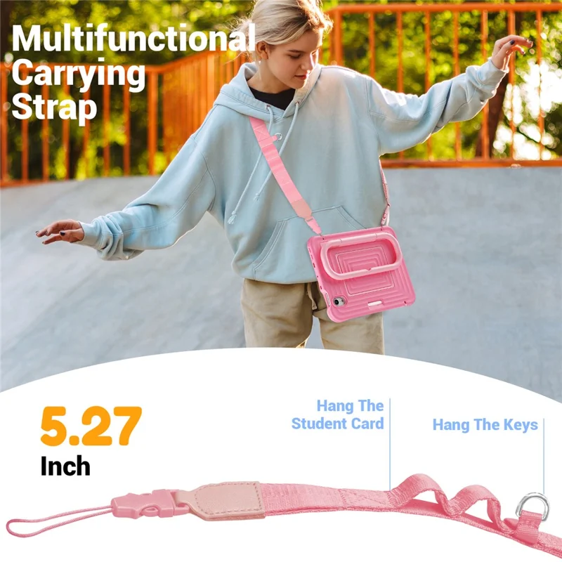 Tablet Case for iPad mini (2024)  /  (2021) Wavy Texture Silicone PC Cover with Kickstand   /   Shoulder Strap - Pink