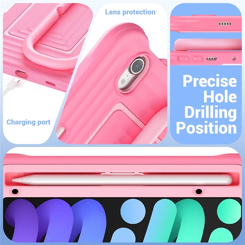 Tablet Case for iPad mini (2024)  /  (2021) Wavy Texture Silicone PC Cover with Kickstand   /   Shoulder Strap - Pink