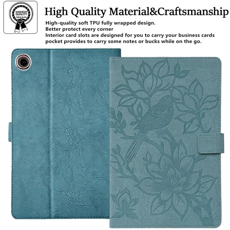 Tablet Case for Amazon Fire HD 8 (2018)  /  (2017)  /  (2016)  /  (2015)  Embossed Magpie Pattern TPU PU Protective Cover with Card Slots - Misty Blue