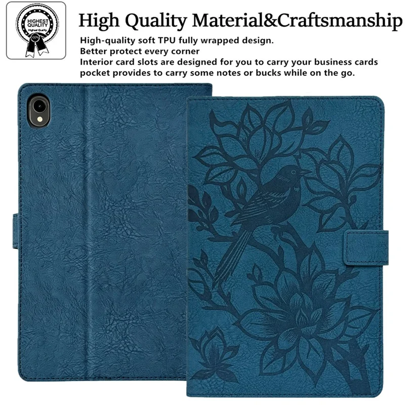 For Samsung Galaxy Tab S11 Tablet Case Embossed Magpie Pattern TPU PU Protective Cover with Card Slots - Blue