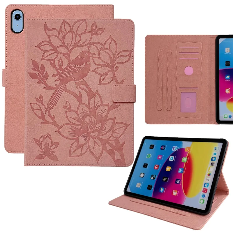 Tablet Case for iPad (2025)  /  10.9 (2022) Embossed Magpie Pattern TPU PU Protective Cover with Card Slots - Pink