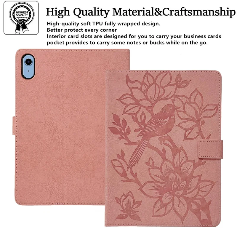 Tablet Case for iPad (2025)  /  10.9 (2022) Embossed Magpie Pattern TPU PU Protective Cover with Card Slots - Pink
