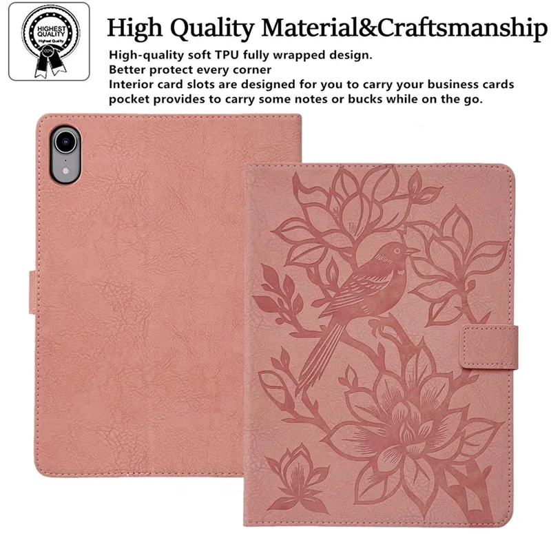 Tablet Case for iPad mini (2024)  /  (2021) Embossed Magpie Pattern TPU PU Protective Cover with Card Slots - Pink