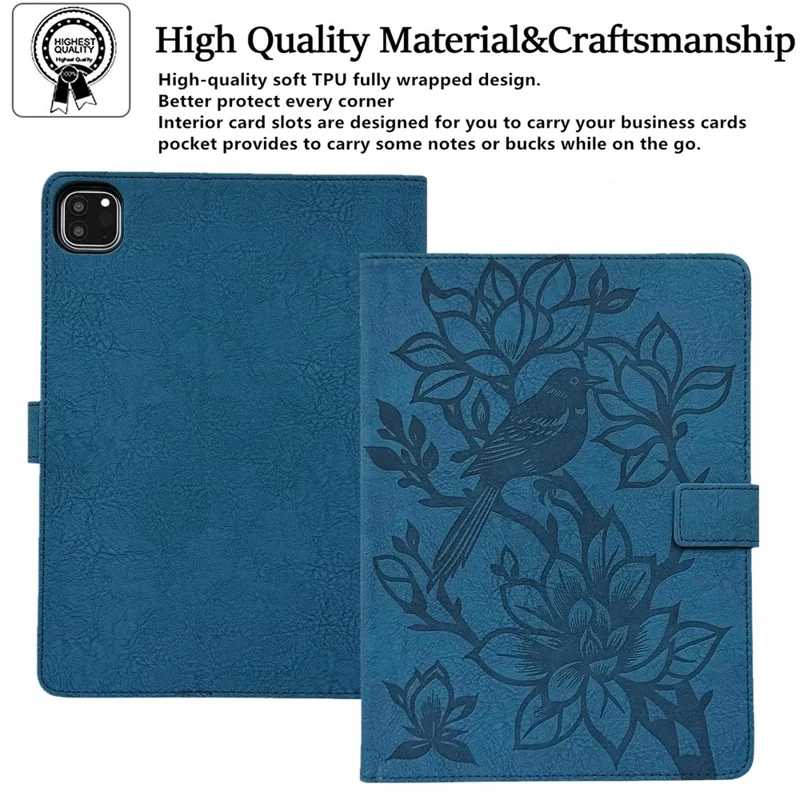 Tablet Case for iPad Pro 13 (2025)  /  (2024) Embossed Magpie Pattern TPU PU Protective Cover with Card Slots - Blue