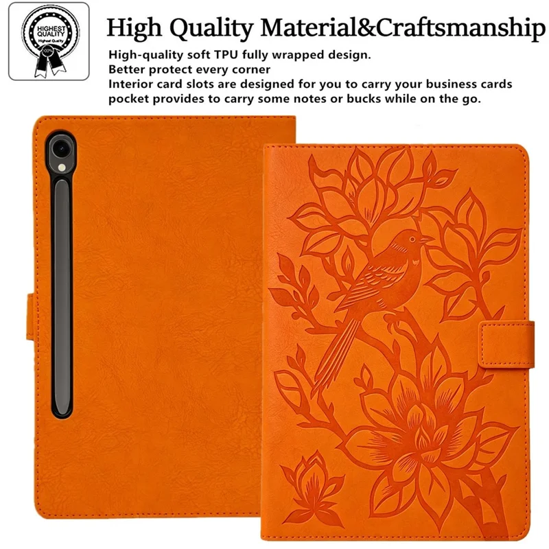 Tablet Case for Samsung Galaxy Tab S10 Lite / S10 FE+ / S9 FE / S9 Embossed Magpie Pattern TPU PU Protective Cover with Card Slots - Orange