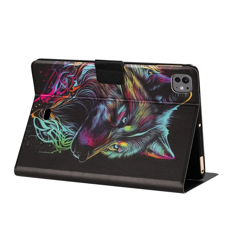 Tablet Case for iPad Pro 11 (2025)  /  (2024) Leather Stand Case with Card Slots Litchi Pattern Magnetic Flip Protective Cover - Colorful Wolf