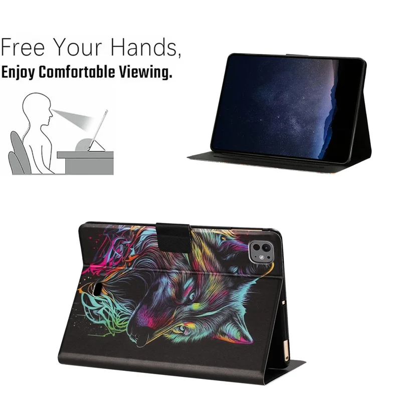 Tablet Case for iPad Pro 11 (2025)  /  (2024) Leather Stand Case with Card Slots Litchi Pattern Magnetic Flip Protective Cover - Colorful Wolf