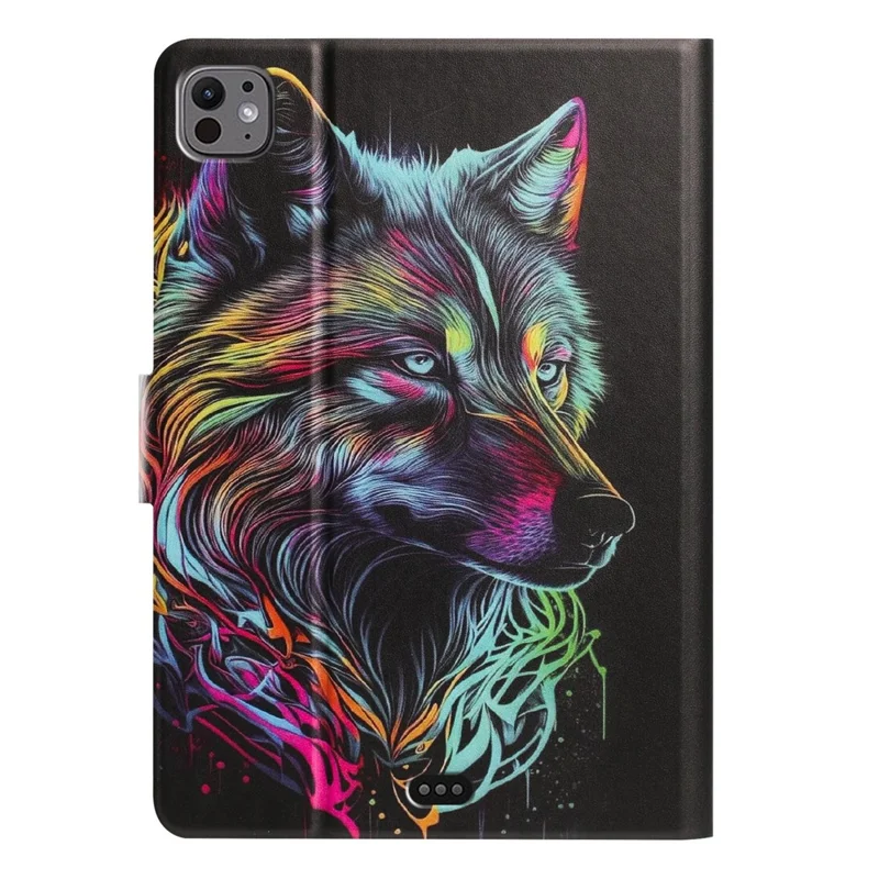 Tablet Case for iPad Pro 11 (2025)  /  (2024) Leather Stand Case with Card Slots Litchi Pattern Magnetic Flip Protective Cover - Colorful Wolf