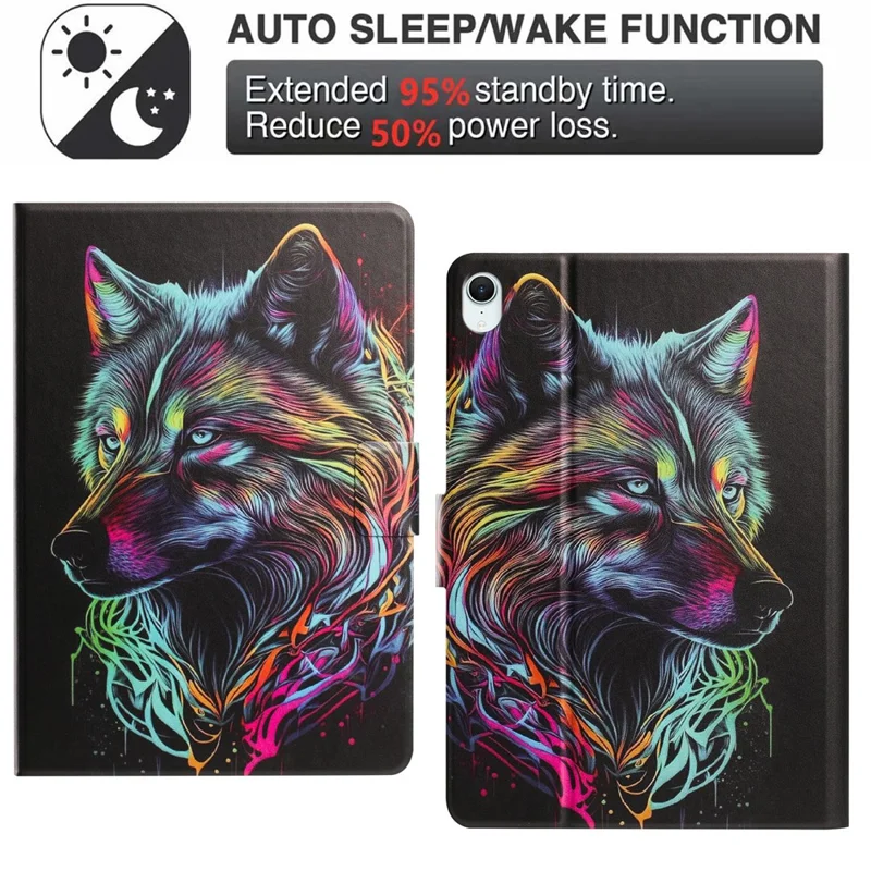 Tablet Case for iPad mini (2024)  /  (2021) Leather Stand Case with Card Slots Litchi Pattern Magnetic Flip Protective Cover - Colorful Wolf