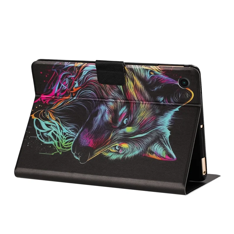 Tablet Case for Samsung Galaxy Tab A11+  /  Tab A9+ Leather Stand Case with Card Slots Litchi Pattern Magnetic Flip Protective Cover - Colorful Wolf