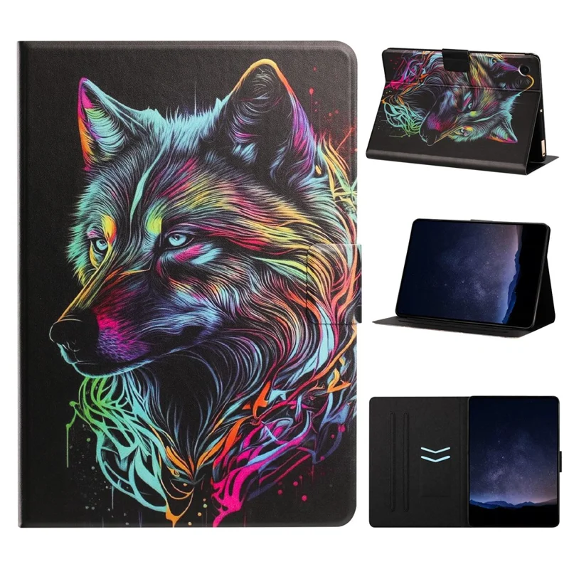 Tablet Case for Samsung Galaxy Tab A9  /  Tab A11 Leather Stand Case with Card Slots Litchi Pattern Magnetic Flip Protective Cover - Colorful Wolf