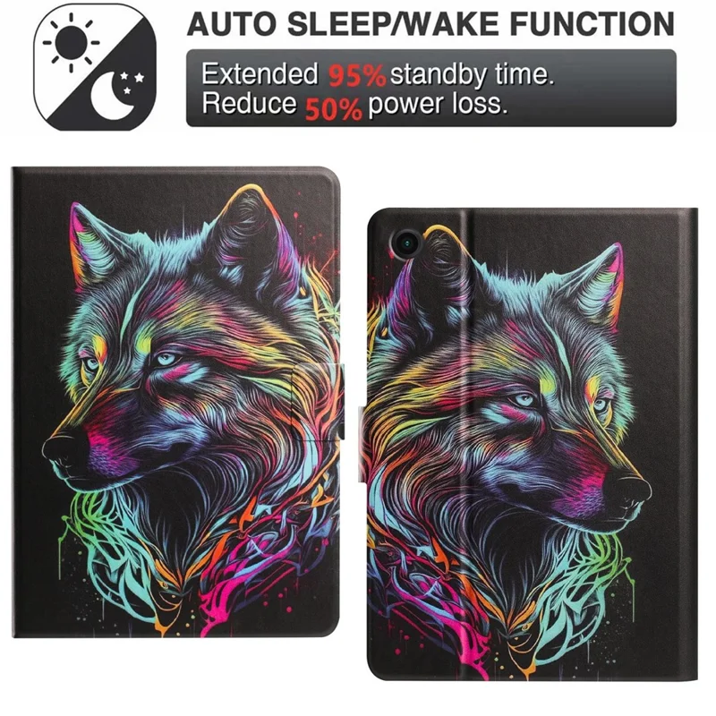 Tablet Case for Samsung Galaxy Tab A9  /  Tab A11 Leather Stand Case with Card Slots Litchi Pattern Magnetic Flip Protective Cover - Colorful Wolf