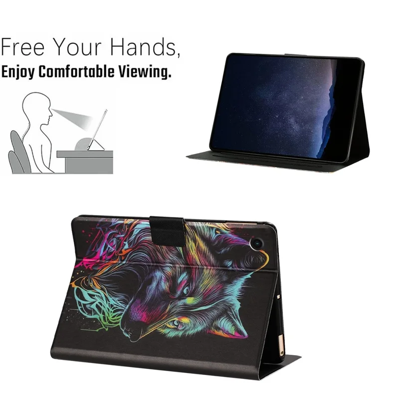 Tablet Case for Samsung Galaxy Tab A9  /  Tab A11 Leather Stand Case with Card Slots Litchi Pattern Magnetic Flip Protective Cover - Colorful Wolf
