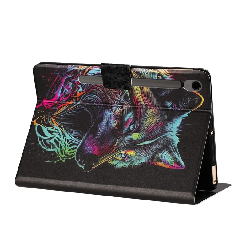Tablet Case for Samsung Galaxy Tab S9  /  Tab S9 FE Leather Stand Case with Card Slots Litchi Pattern Magnetic Flip Protective Cover - Colorful Wolf