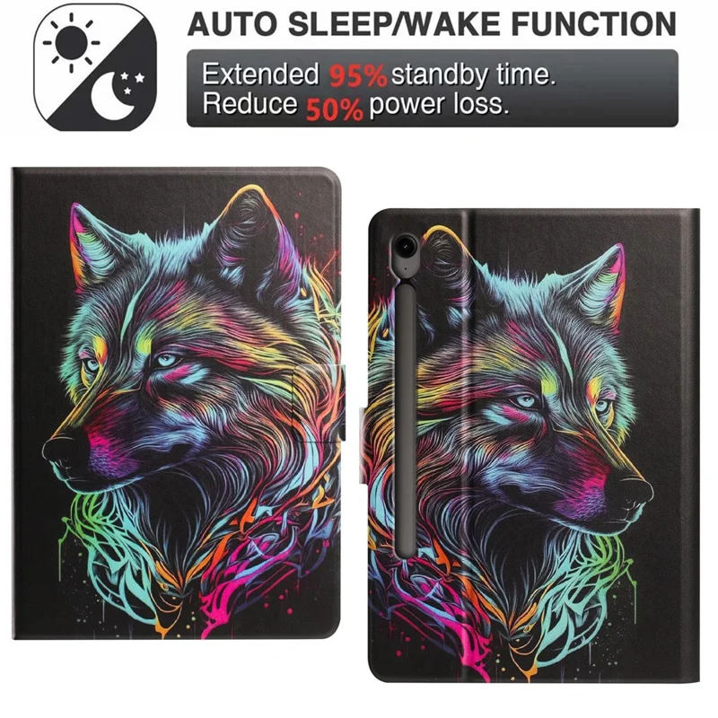 Tablet Case for Samsung Galaxy Tab S9  /  Tab S9 FE Leather Stand Case with Card Slots Litchi Pattern Magnetic Flip Protective Cover - Colorful Wolf