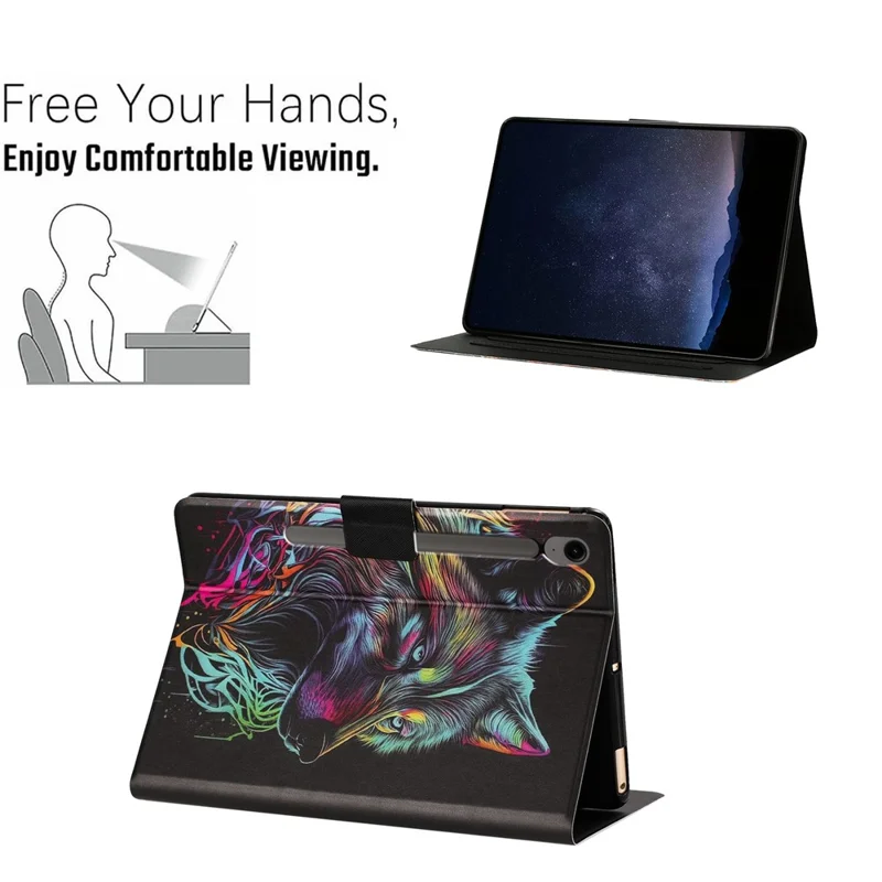 Tablet Case for Samsung Galaxy Tab S9  /  Tab S9 FE Leather Stand Case with Card Slots Litchi Pattern Magnetic Flip Protective Cover - Colorful Wolf