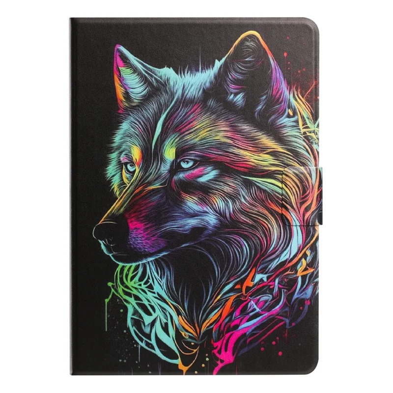Tablet Case for Samsung Galaxy Tab S9  /  Tab S9 FE Leather Stand Case with Card Slots Litchi Pattern Magnetic Flip Protective Cover - Colorful Wolf