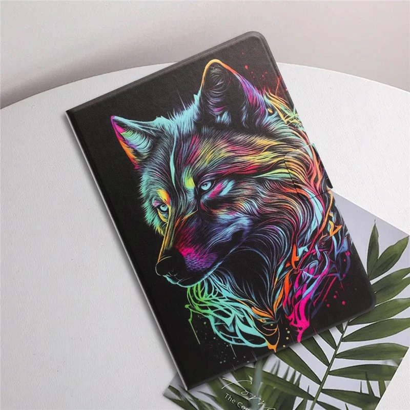 Tablet Case for Samsung Galaxy Tab S9  /  Tab S9 FE Leather Stand Case with Card Slots Litchi Pattern Magnetic Flip Protective Cover - Colorful Wolf