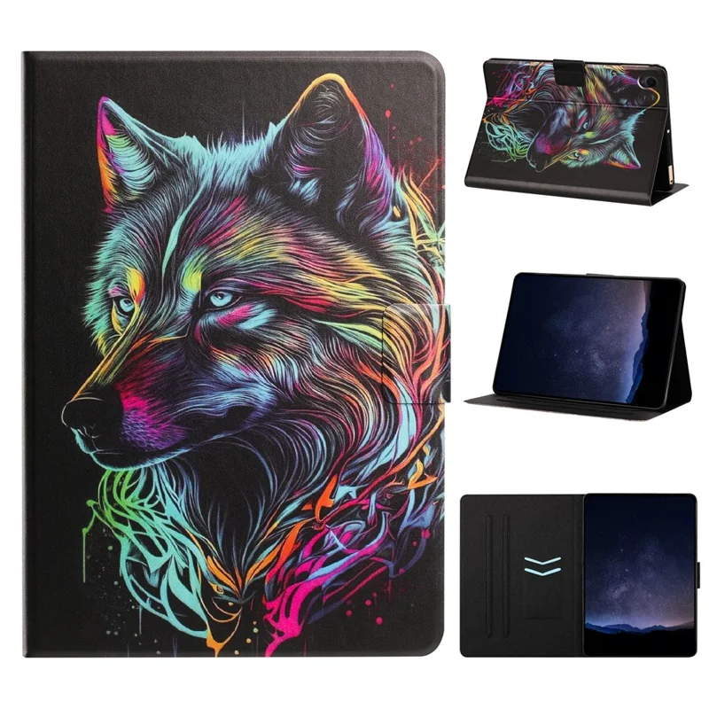 For Samsung Galaxy Tab S11 Tablet Case Leather Stand Case with Card Slots Litchi Pattern Magnetic Flip Protective Cover - Colorful Wolf