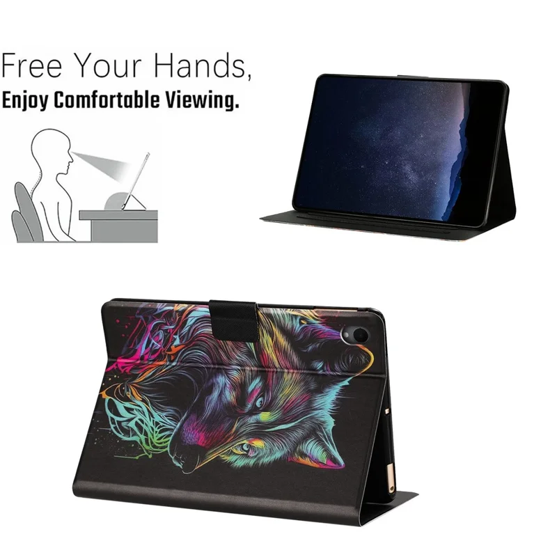 For Samsung Galaxy Tab S11 Tablet Case Leather Stand Case with Card Slots Litchi Pattern Magnetic Flip Protective Cover - Colorful Wolf