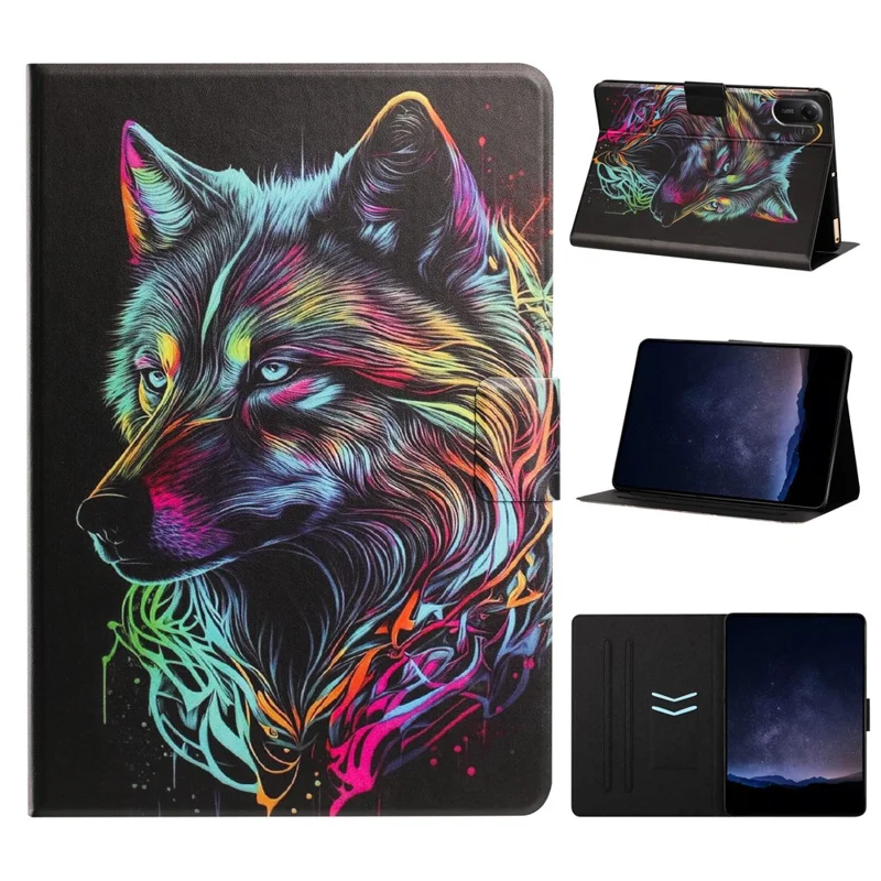 For Xiaomi Redmi Pad 2 Tablet Case Leather Stand Case with Card Slots Litchi Pattern Magnetic Flip Protective Cover - Colorful Wolf