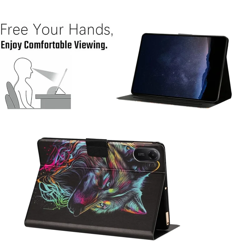 For Xiaomi Redmi Pad 2 Tablet Case Leather Stand Case with Card Slots Litchi Pattern Magnetic Flip Protective Cover - Colorful Wolf
