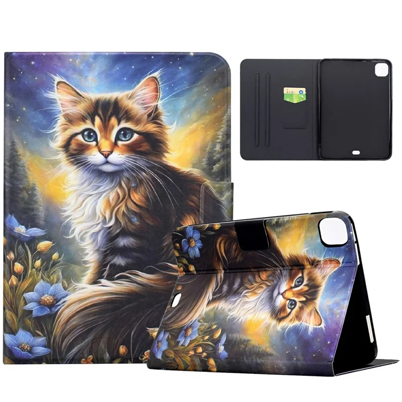 Tablet Case For iPad Pro 11 (2022) / (2021) / (2020) / (2018) Pattern Printing Stand Leather Cover with Card Slots - Starry Night Cat