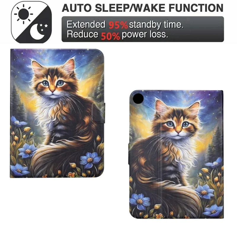 For Samsung Galaxy Tab A9 Case Pattern Printing Stand Leather Tablet Cover with Card Slots - Starry Night Cat