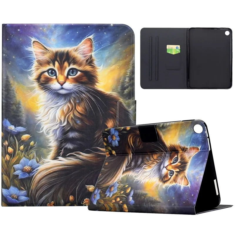 For Samsung Galaxy Tab A9+ Case Pattern Printing Stand Leather Tablet Cover with Card Slots - Starry Night Cat