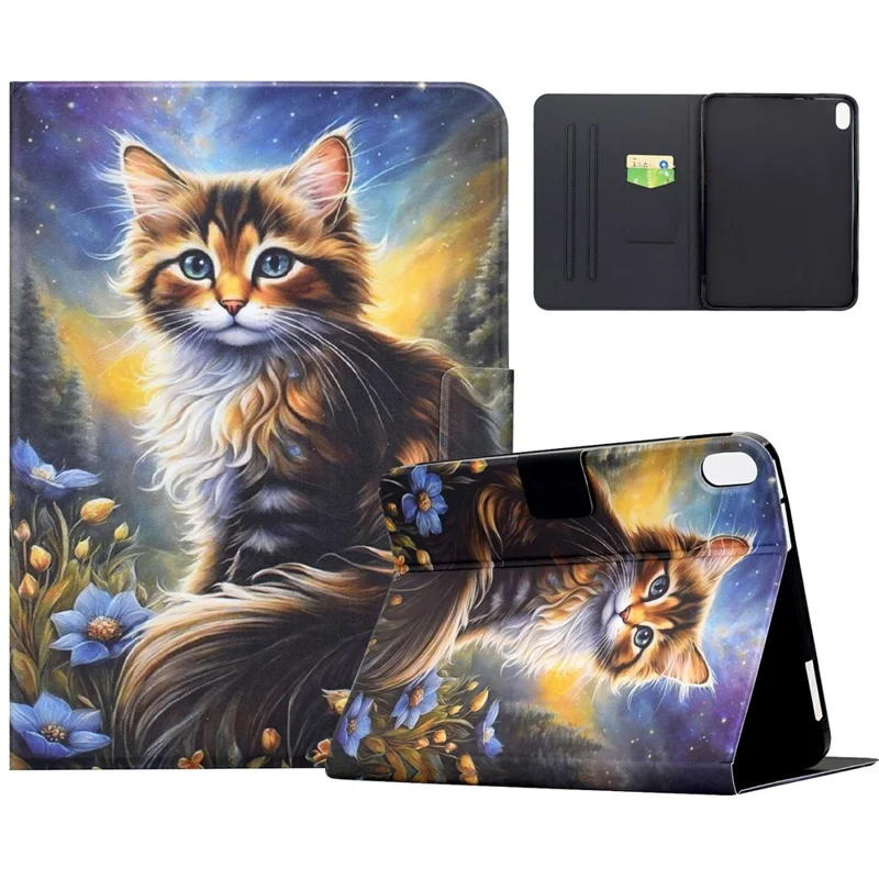 For Samsung Galaxy Tab S11 Case Pattern Printing Stand Leather Tablet Cover with Card Slots - Starry Night Cat