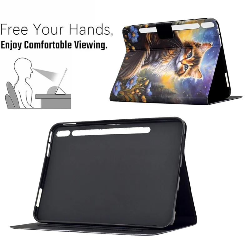 For Samsung Galaxy Tab S10 FE+ Case Pattern Printing Stand Leather Tablet Cover with Card Slots - Starry Night Cat