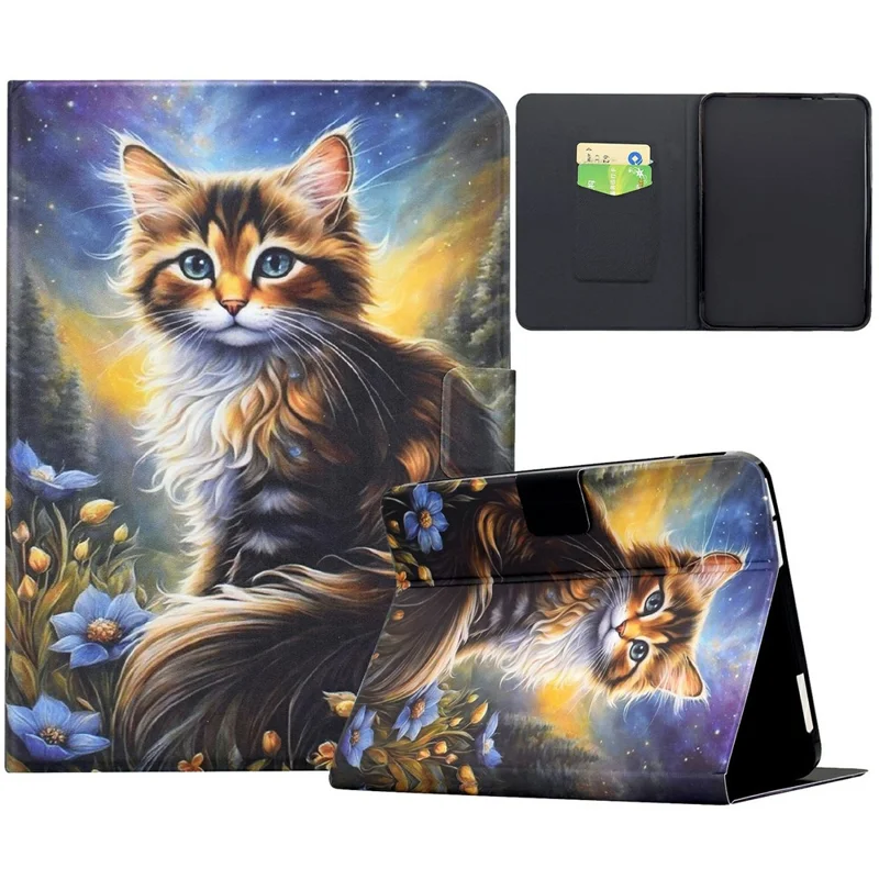 Capa de Couro com Estampa de Estilo para Amazon Kindle Paperwhite (2024), com Suporte e Slots para Cartões - Gato na Noite Estrelada