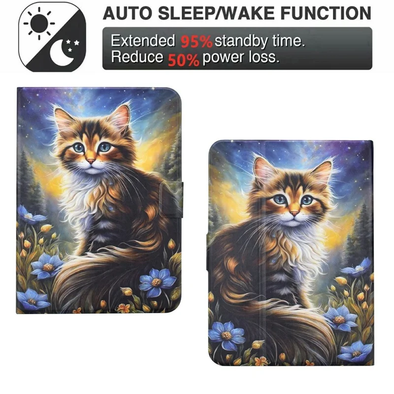 Capa de Couro com Estampa de Estilo para Amazon Kindle Paperwhite (2024), com Suporte e Slots para Cartões - Gato na Noite Estrelada