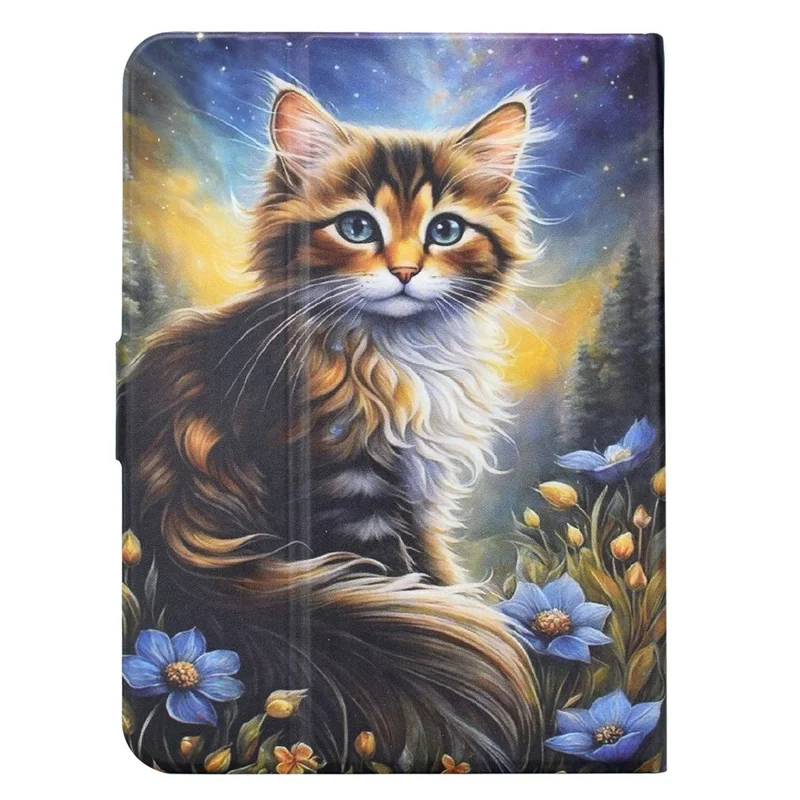 Capa de Couro com Estampa de Estilo para Amazon Kindle Paperwhite (2024), com Suporte e Slots para Cartões - Gato na Noite Estrelada
