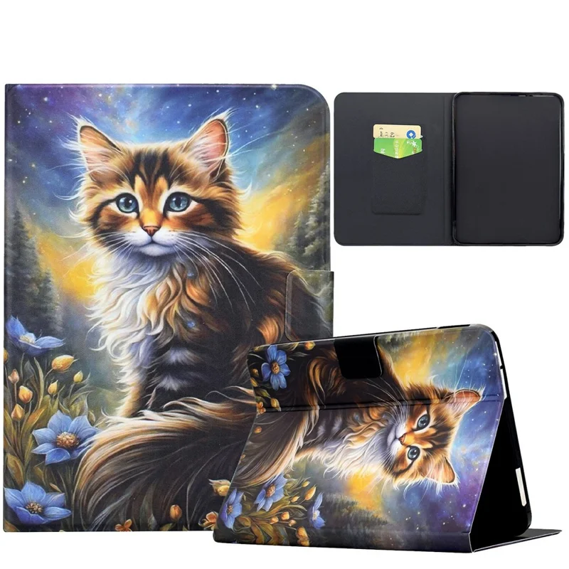Capa de Tablete em Pele com Estampa de Padrão, Suporte e Slots para Cartões para Amazon Kindle 11ª Geração (2024) - Gato da Noite Estrelada