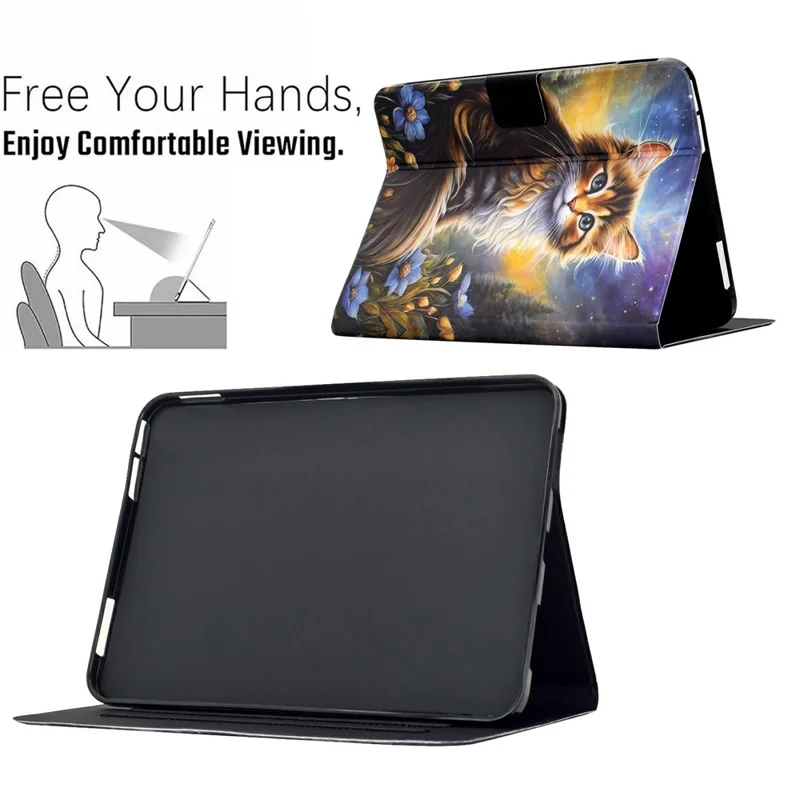 Capa de Tablete em Pele com Estampa de Padrão, Suporte e Slots para Cartões para Amazon Kindle 11ª Geração (2024) - Gato da Noite Estrelada