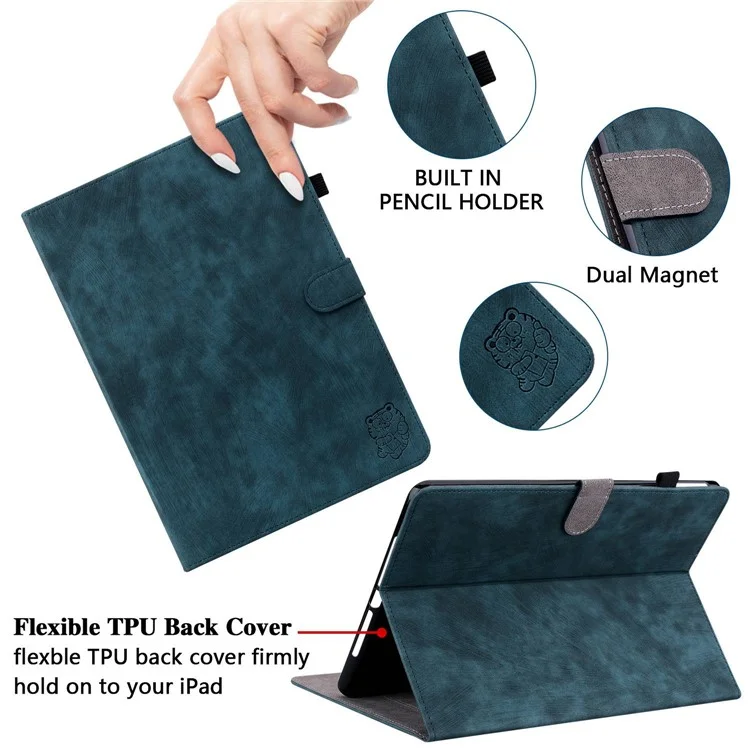 Für Samsung Galaxy Tab S7 / S8 Anti-Drop TPU+PU Leder Cover Niedliche Tiger Muster Geprägt / Schlaftablettenschutz Mit Ständer / Kartenschlitz - Dunkelblau