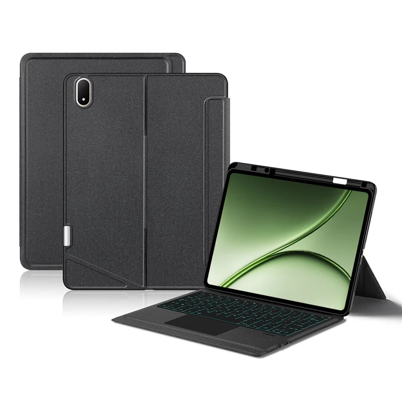 Funda de cuero para OnePlus Pad 3 Pro + teclado compatible con Bluetooth con retroiluminación y touchpad - Negro
