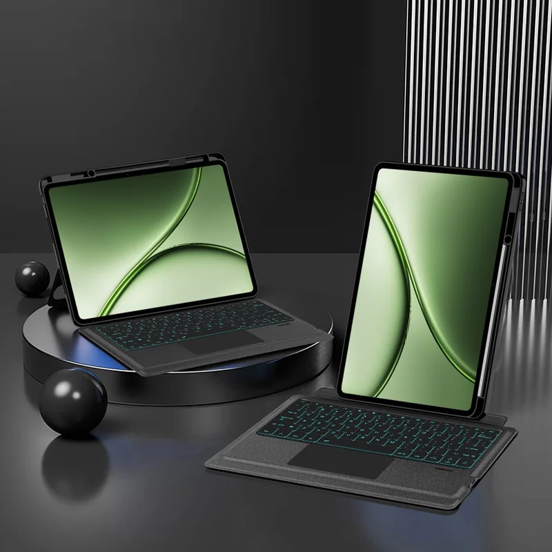 Funda de cuero para OnePlus Pad 3 Pro + teclado compatible con Bluetooth con retroiluminación y touchpad - Negro